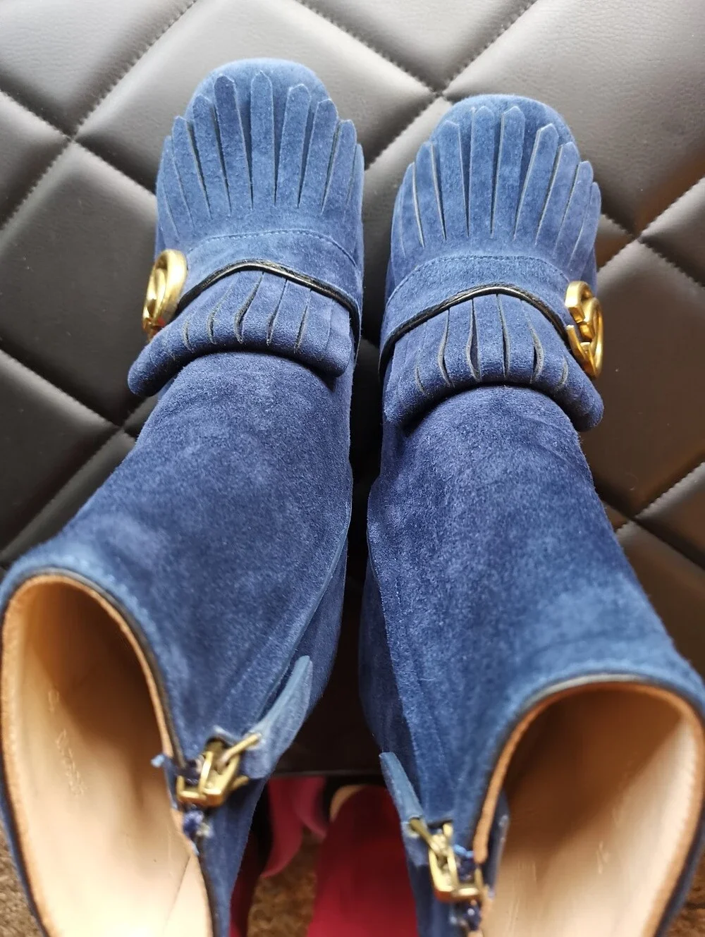 GUCCI Blue Suede Marmont Fringe GG Mid-Heel Ankle Boots Size 37 US 6.5/7